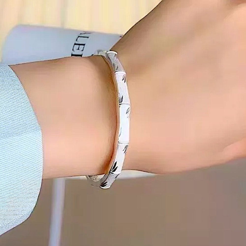 Sterling Silver Bamboo Engraved Cuff Bangle Bracelet - Picture 8 of 8